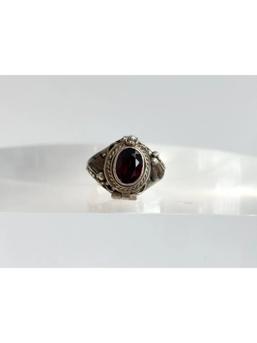 Poison Box Art Deco Style Hinged Garnet Sterling Silver 925 Vintage Ring sz 5.25